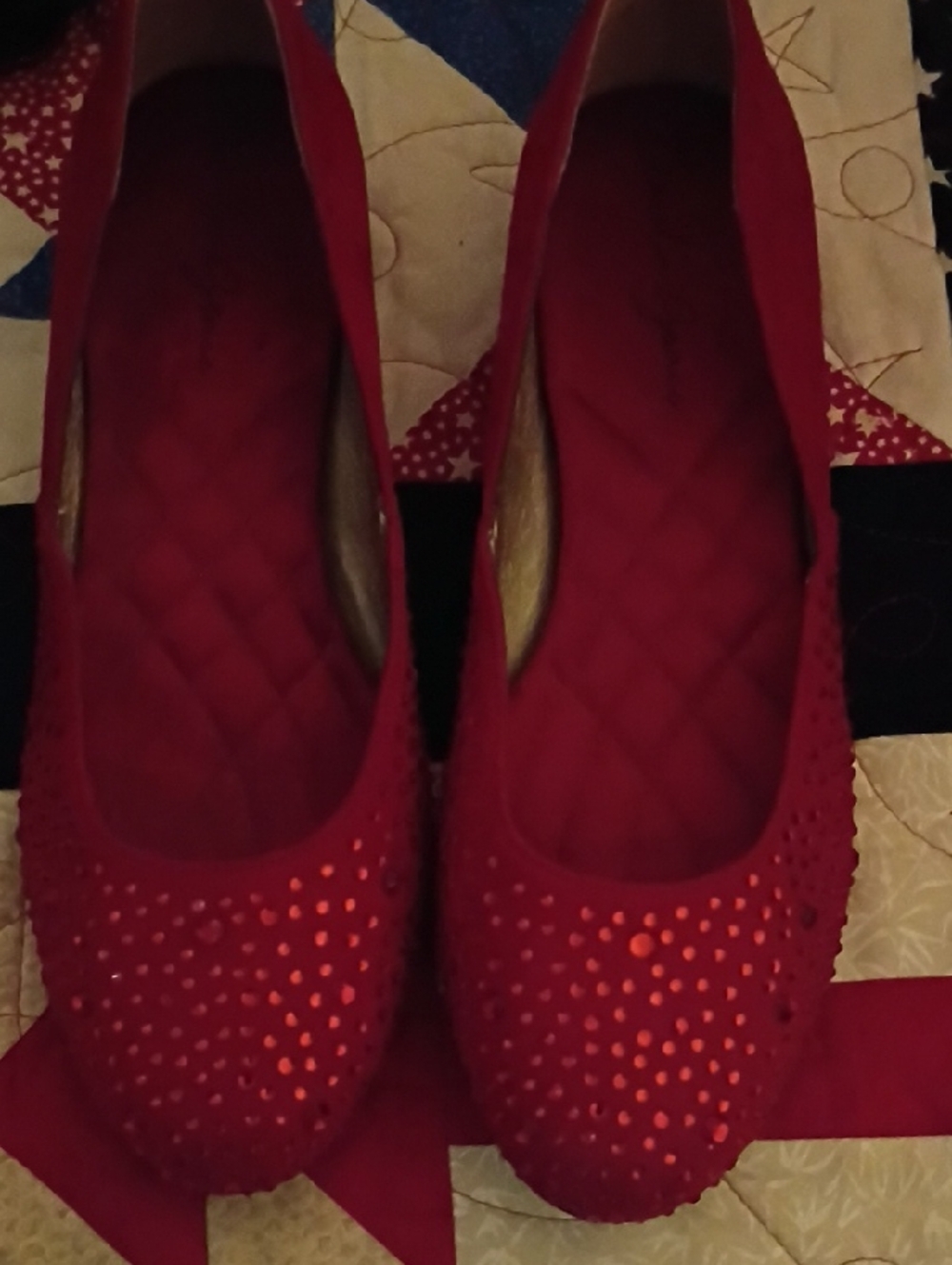 Red Women's Flat Ballet Shoes with Crystal Accents